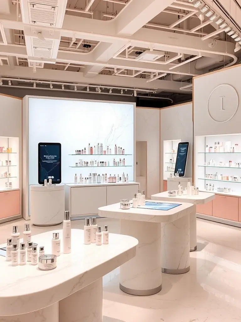 A photograph of a meticulously designed pop-up shop for a luxury skincare brand, showcasing elegant product displays and interactive elements, reflecting Idéelle's expertise in creating immersive retail experiences.