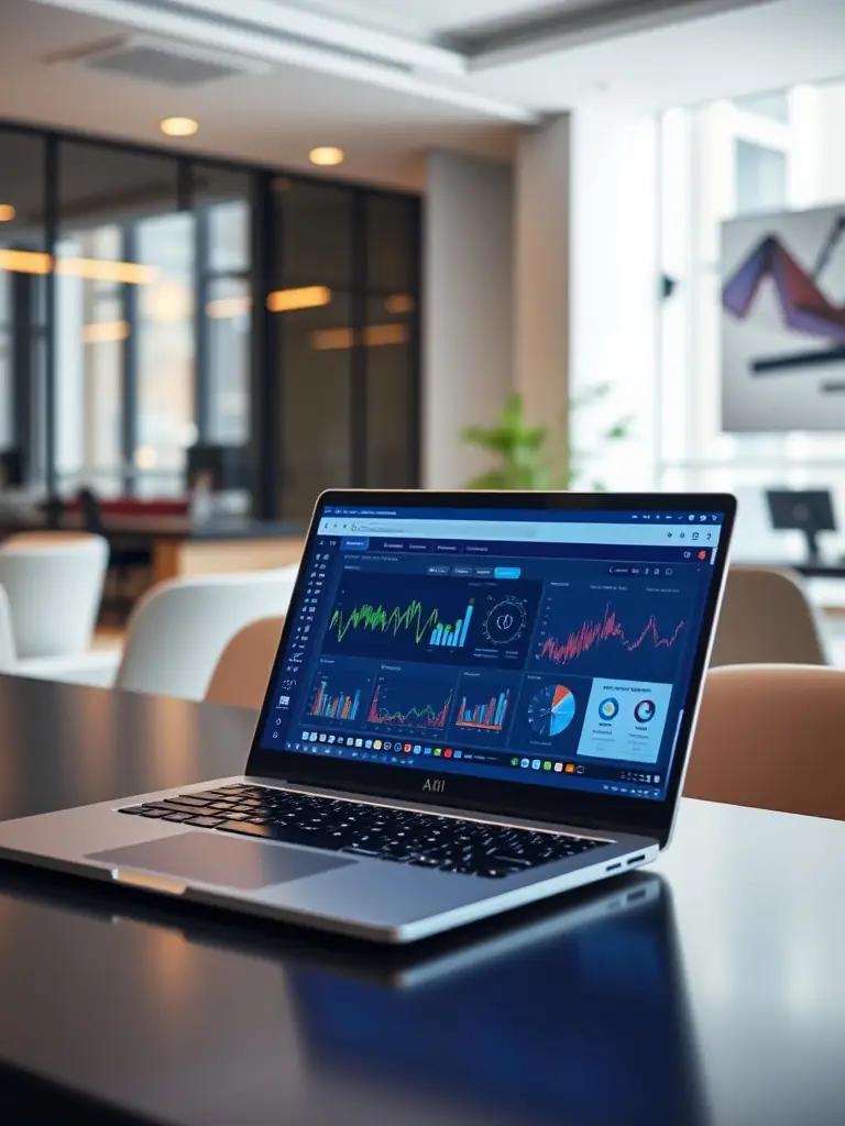 A minimalist image of a laptop displaying data analytics dashboards, representing data-driven marketing strategies.