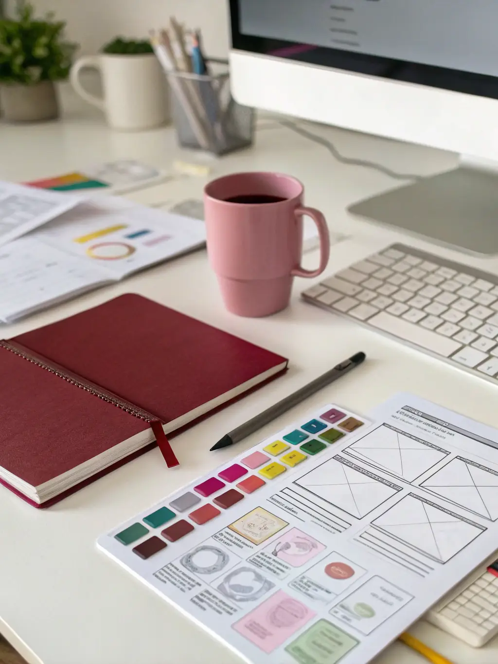 A professional image of a website wireframe and user interface elements, representing website design and development.