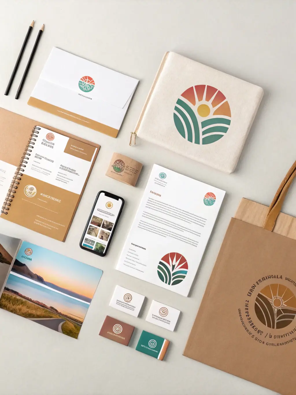 A clean, modern design of a brand identity package, including logo, color palette, and typography.